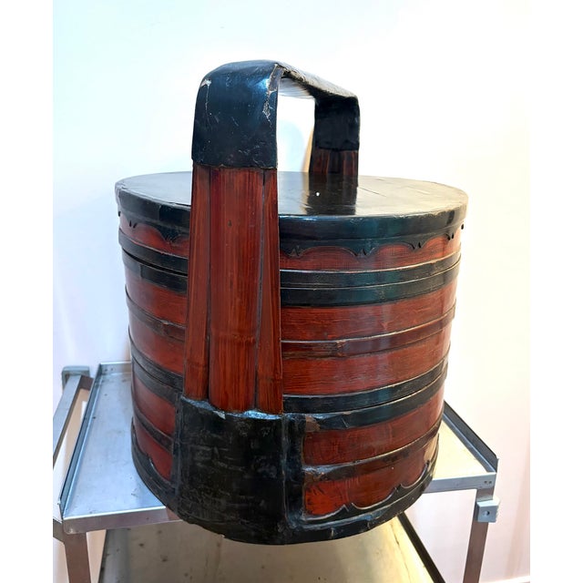 Red Antique Chinese Bamboo Tiered Wedding Basket For Sale - Image 8 of 10
