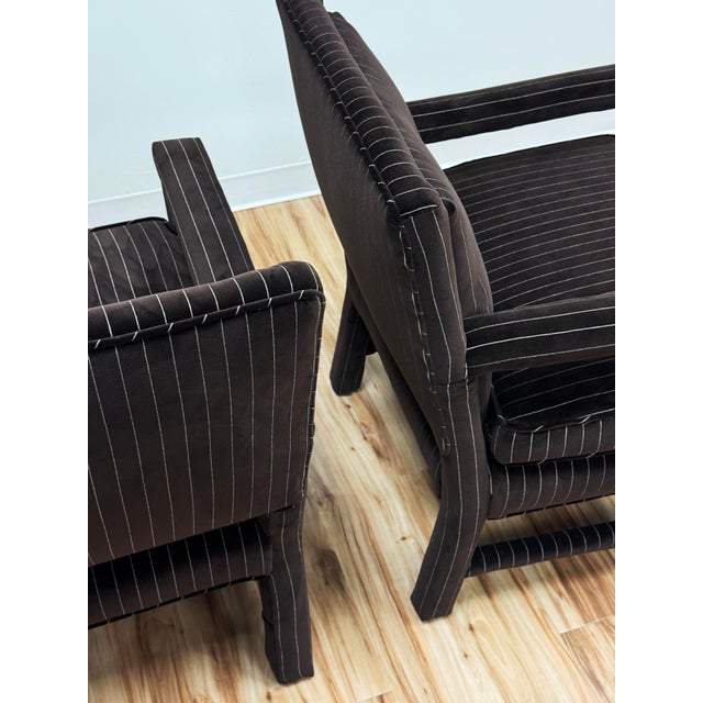 Vintage Newly Upholstered Luxe Chocolate Brown Pinstripe Velvet Parsons Chairs, a Pair For Sale - Image 11 of 12