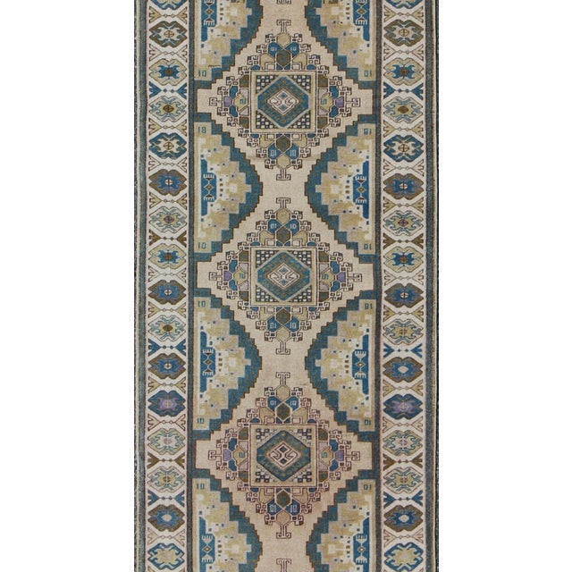 Teal, Green, Blue and Yellow Vintage Turkish Oushak Runner With Geometric Design For Sale - Image 4 of 8