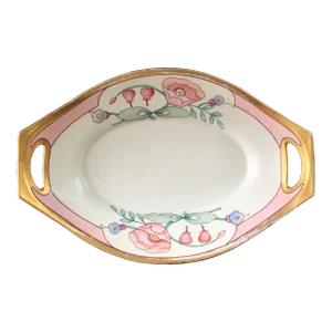 Antique Arts & Crafts Hand Painted Floral Gold Gilt Handled Serving Bowl