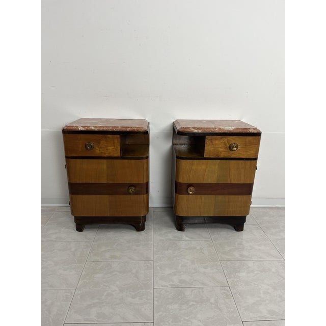 Art Deco Wood and Marble Bedside Tables, 1940s, Set of 2 For Sale - Image 4 of 14