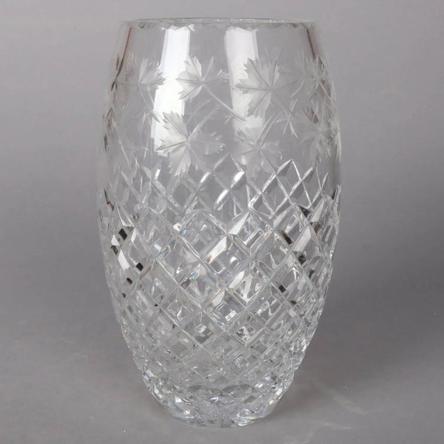 Antique Hawkes school brilliant cut crystal vase features ovoid form with cross hatched lower and etched maple leaf upper,...