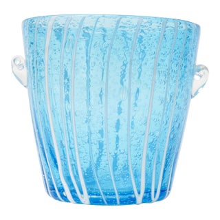 Vintage Murano Venini Ice Bucket in Turquoise With White Lines 1980's For Sale