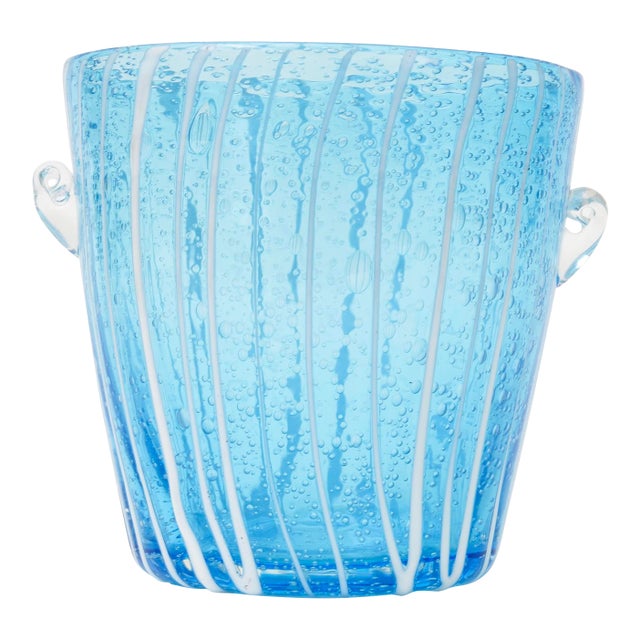 Vintage Murano Venini Ice Bucket in Turquoise With White Lines 1980's For Sale