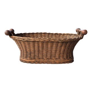 Vintage French Wicker Basket With Turned Wood Handles & Wood Slatted Base For Sale