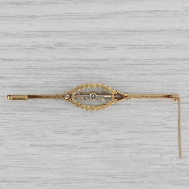 Vintage Pearl Diamond Bar Pin 14k Yellow Gold Brooch For Sale - Image 4 of 5