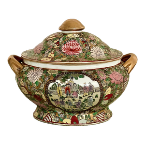 Mid 20th Century Chinese Rose Medallion (Famille Rose) Porcelain Soup Tureen With Gilt Finish
