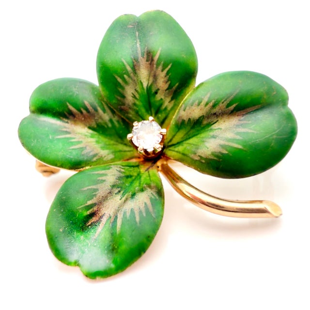 About This Brooch: A charming Krementz & Co. four leaf clover brooch, graced with a delicate matte enamel finish featuring...