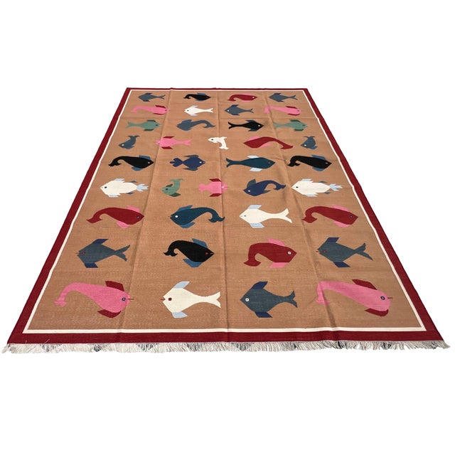 Casa Cosima Handmade Cotton Vegetable Dyed Flat Weave Area Rug, Tan, Red Fish Patterned Dhurrie - 9'x12' For Sale - Image 4 of 16