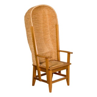 Orkney Island Midcentury Scottish Canopy Chair with Hand Woven Straw Back For Sale