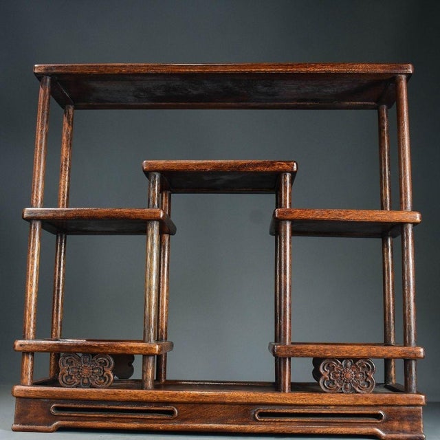 Brown Vintage Chinese Huali Rosewood "Curio" Display Stand (Bogujia) With Carved Apron For Sale - Image 8 of 9