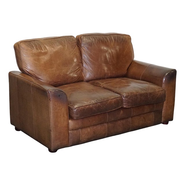 Vintage Halo Two Seater Brown Leather Sofa For Sale