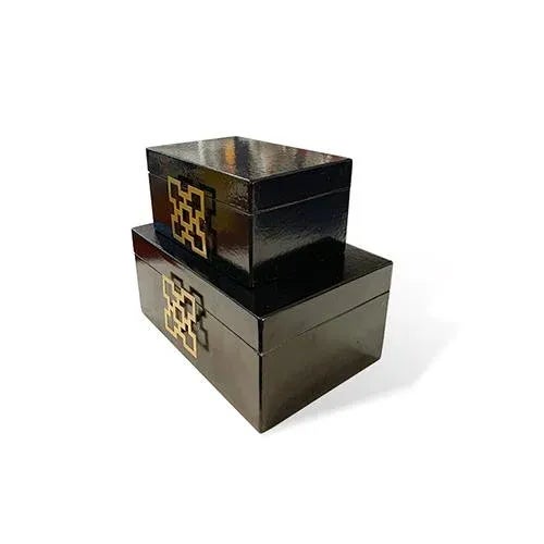 Obtained in China this is a delicate and beautiful Black wooden 2 pieces a set Asian jewelry boxes with golden detail...