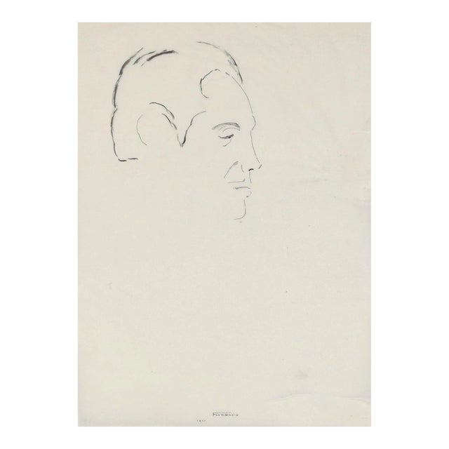 Man Portrait - Original China Ink Drawing by Flor David - 1950s 1950s For Sale