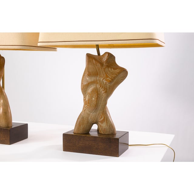 Pair of Vintage Yasha Heifetz Sculptural Wooden Female & Male Torso Table Lamps For Sale In Detroit - Image 6 of 9