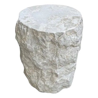 Natural Solid Marble Side Table Chiselled Finish, Smooth Top, Modern Organic For Sale