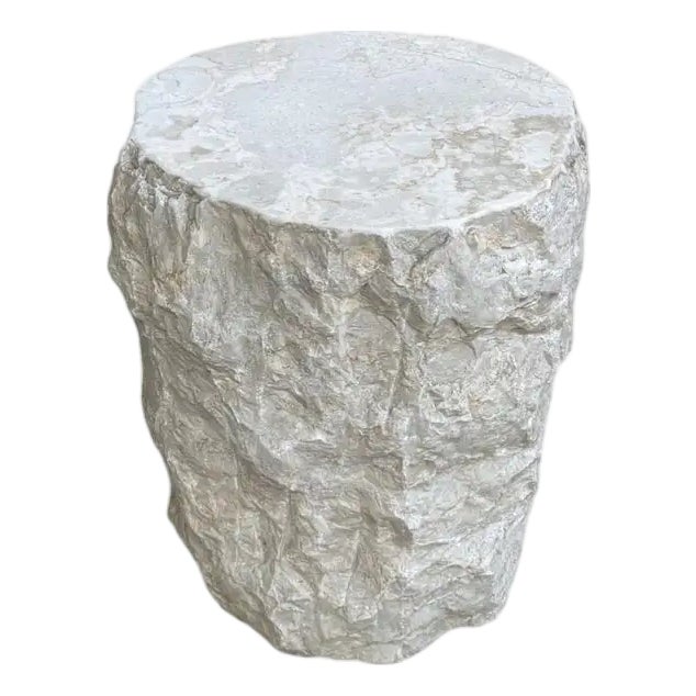 Natural Solid Marble Side Table Chiselled Finish, Smooth Top, Modern Organic For Sale