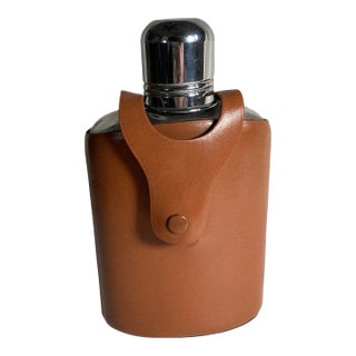 Vintage Metal Flask With Leather Sleeve For Sale