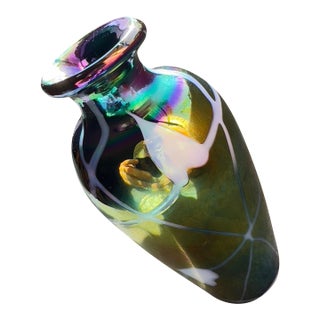 Vintage Iridescent Studio Art Glass Solid Form With White Inlay, Vase-Shaped Decorative Sculpture, 1980s–1990s For Sale
