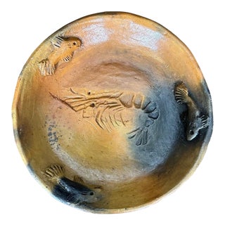 2007 Belize Art Pottery Bowl Raised Relief Shrimp Prawn Handmade Artist Signed 8" For Sale