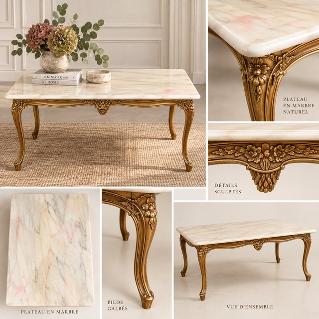 Metal Louis XV Style Coffee Table in Gilt Bronze with Veined Marble Top, 1950s For Sale - Image 7 of 8