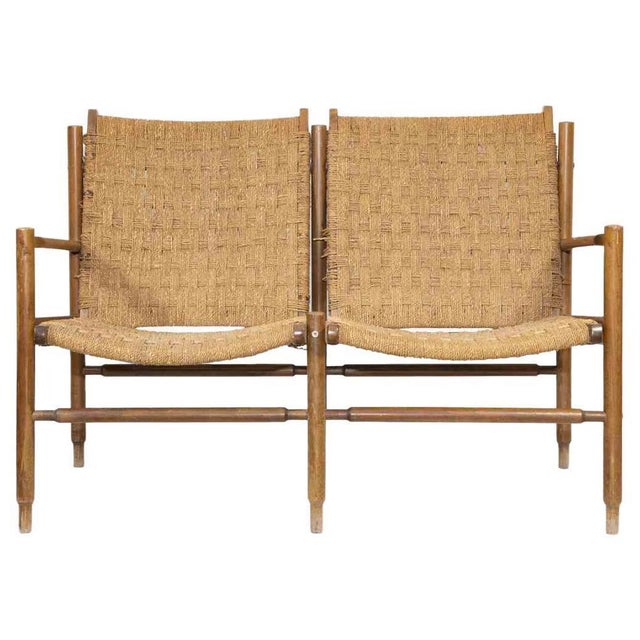 Mid-Century Two-Seater Sofa in Teak and Straw For Sale - Image 6 of 6