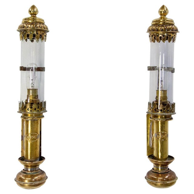 Gold Antique Brass and Glass Electrified Oil Wall Sconces, 1880, Set of 2 For Sale - Image 8 of 8