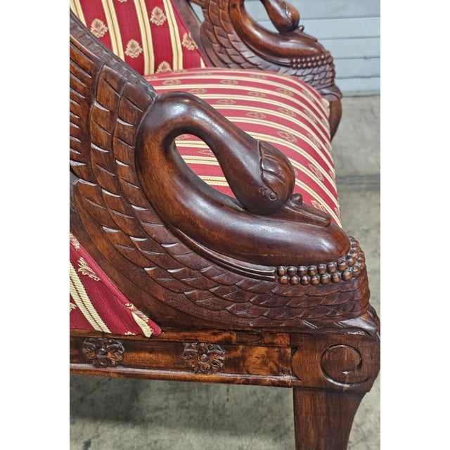 Early 20th Century Pair of English Regency Mahogany Bergeres With Swan Head Carving Red Silk Fabric For Sale - Image 9 of 12