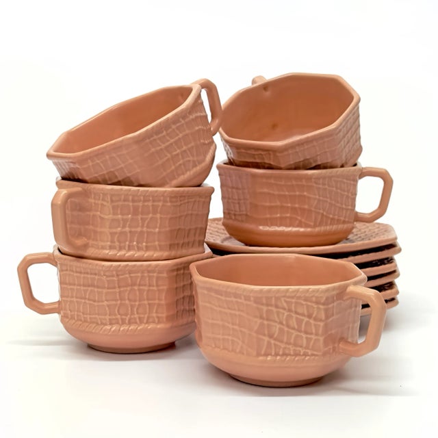 Mid 20th Century Immaculate Blush Colored Tea Cups & Saucers by Bordallo Pinheiro Portugal - Set of 6 For Sale - Image 5 of 8