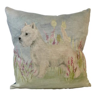 Square Pillow Adorned With a Playful White Westie Terrier Dog Portrait - Made in the U K For Sale