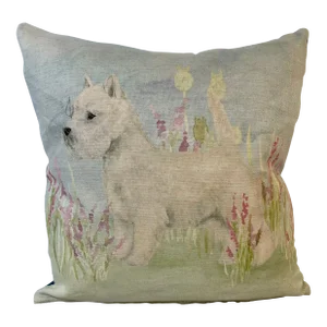 Square Pillow Adorned With a Playful White Westie Terrier Dog Portrait - Made in the U K