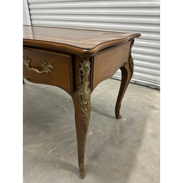 Vintage Karges French Provincial Walnut Executive Writing Desk With Embossed Leather Top For Sale - Image 9 of 18