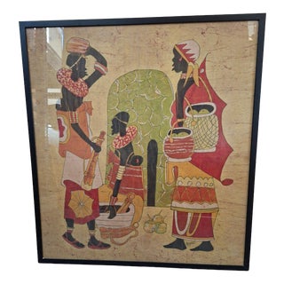 Hamidi, Figurative Scene, 1970, Batik Painting on Fabric For Sale