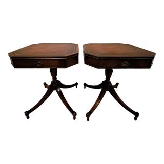 Antique English Mahogany and Leather Accent/End Tables - Set of 2 For Sale