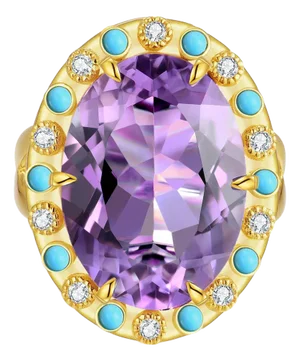 Nina Zhou Amethyst Turquoise Diamond Vintage-Style Cocktail Ring in 14k Yellow Gold Ring, Size 7