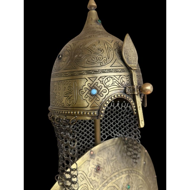 Traditional Turkish Brass Calligraphy Helmet Shield Set For Sale - Image 3 of 18