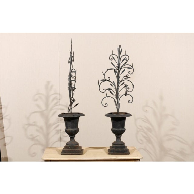19th Century 19th Century Whimsical Italian Black Metal Urn Prickets - A Pair For Sale - Image 5 of 9