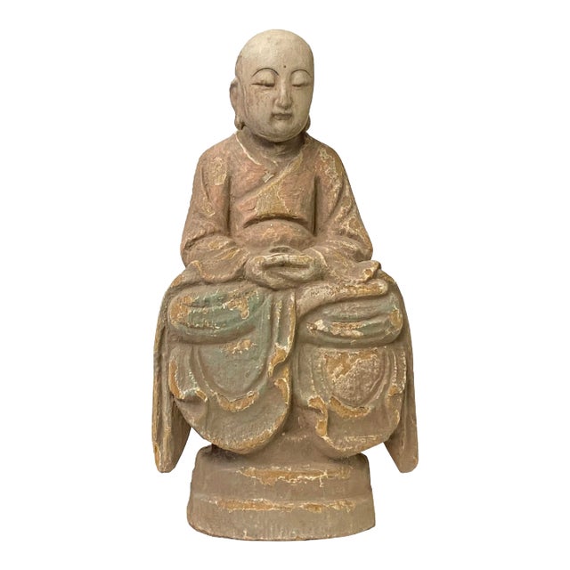Chinese Rustic Distressed Finish Wood Lohon Monk Statue For Sale