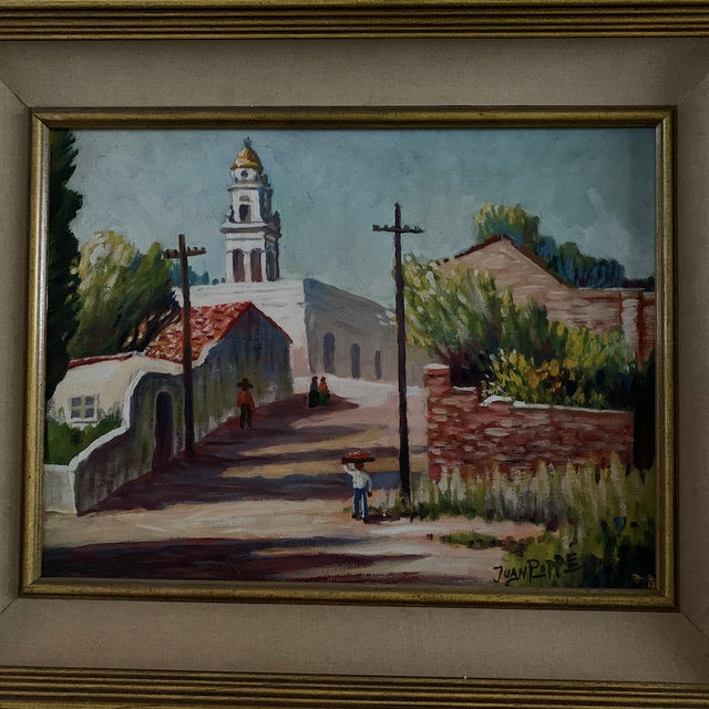 Traditional Mid 20th Century Village Scene with Church Painting, Framed For Sale - Image 3 of 4