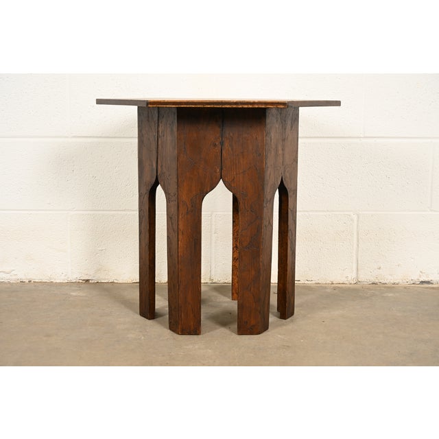 A beautiful antique Mission or Arts & Crafts period pyrography hexagonal side table or tabouret In the manner of Stickley...