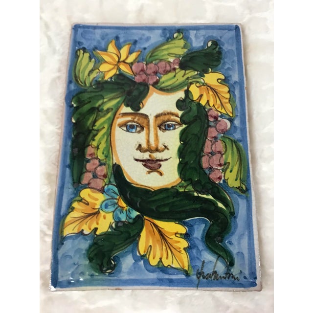 Rustic European Vintage Signed Italian Painted Tile Hanging With Female Face For Sale - Image 3 of 10