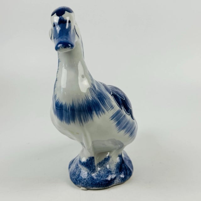 Mid-Century Modern Vintage Delft Style Blue White Porcelain Duck Goose Figurine For Sale - Image 3 of 7
