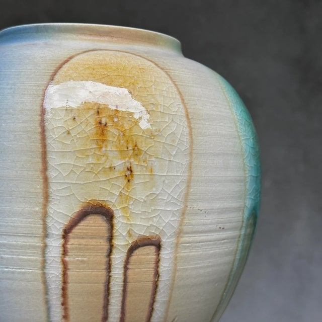 Japanese Vintage Japanese Ceramic Vase With Multicolor Crackle Glaze Drip Detail, Signed For Sale - Image 3 of 5