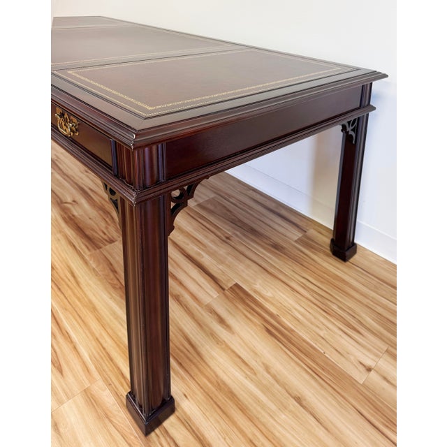 Sligh-Lowry Furniture Co. Vintage Chippendale Style Sligh-Lowry Leather Top Mahogany Executive Desk For Sale - Image 4 of 12