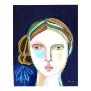 Girl With Blue Flower, Contemporary Abstract Portrait Oil Painting, Signed For Sale