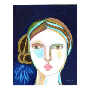 Girl With Blue Flower, Contemporary Abstract Portrait Oil Painting, Signed