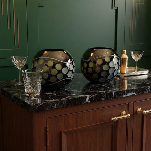 Mid-Century Modern Vintage Black Glass Globe Candle Holders Pair-Green Polka Dot-Mid Century Modern For Sale - Image 3 of 8