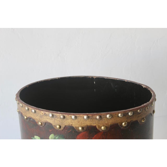 Wood English Style Arts & Craft Tole Hand Painted Fruit Still Life Oval Wastebasket Nailhead Detail Vintage Mid-Century For Sale - Image 7 of 13