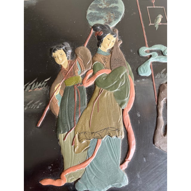 Chinoiserie 1920s Chinoiserie Three Piece Black Lacquer Desk With Hard-Stone Inlay For Sale - Image 3 of 12