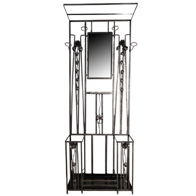 1920s Original French Art Deco Hammered Iron Halltree, Coat Rack W/ Mirror, Shelf, Rose Trellis For Sale - Image 17 of 18